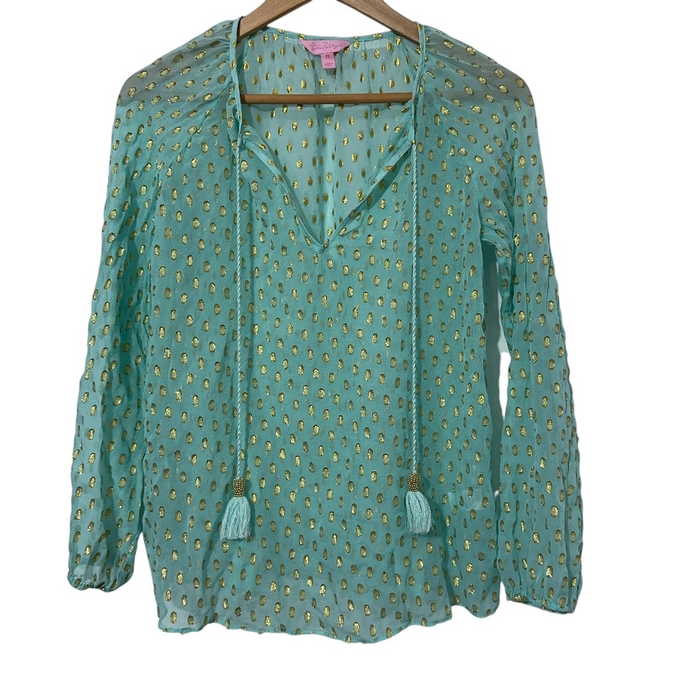Lilly Pulitzer Womens Sheer Top Size XS Tie Neck Gold Polka Dot Elastic Wrist